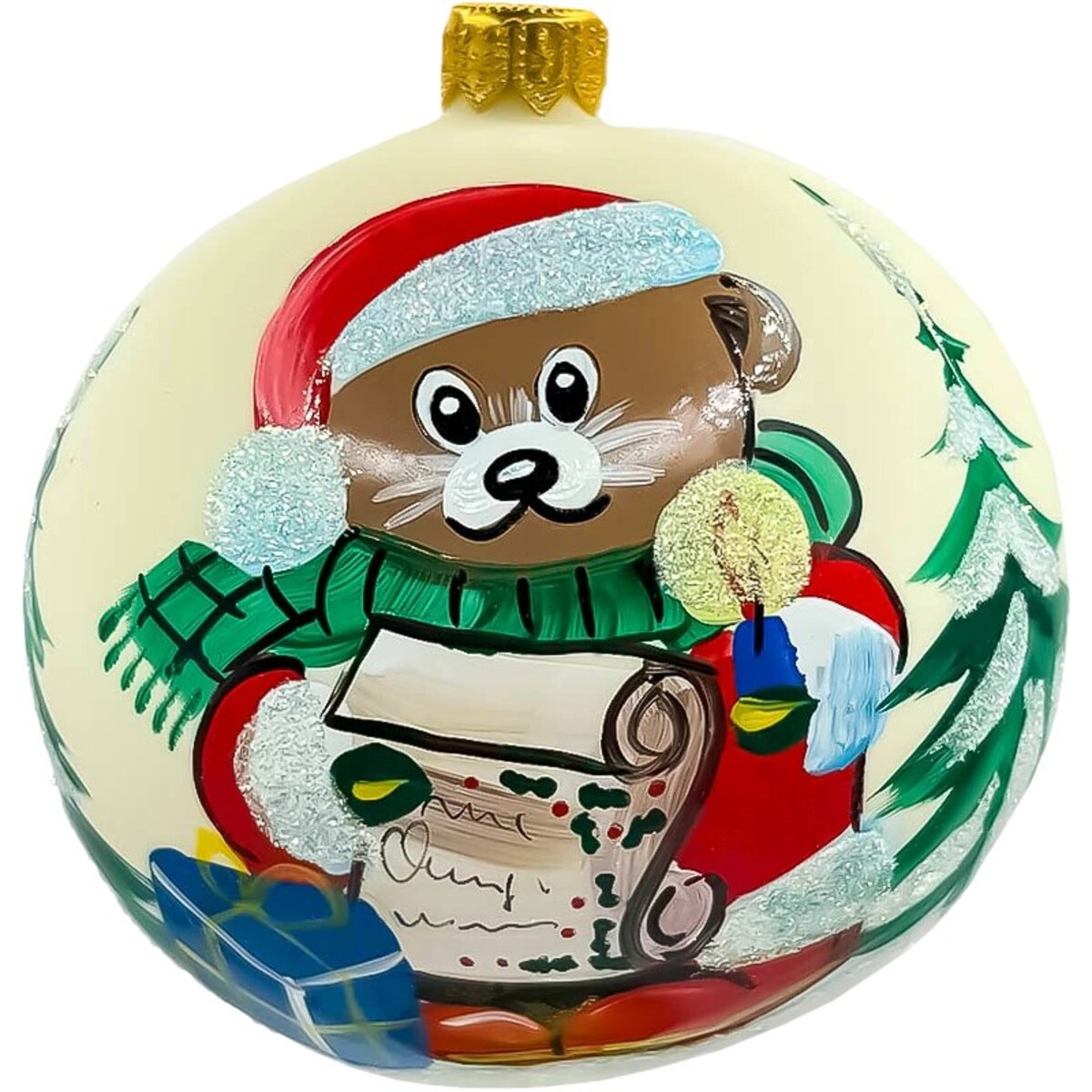 Bombka choinkowa: Miś Świąteczny z listem do Świętego Mikołaja: kremowa