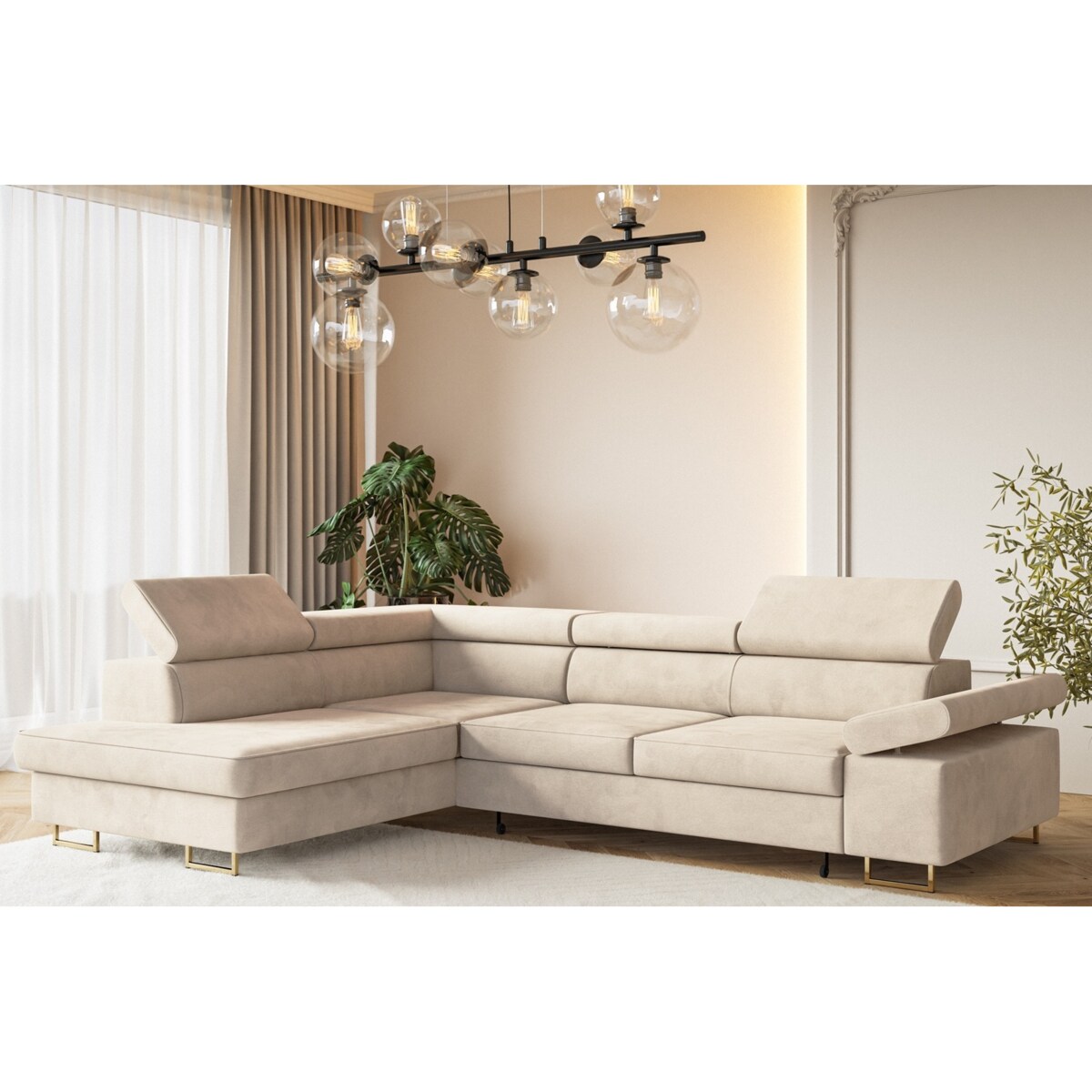 Narożnik ALEX z regulowanymi zagłówkami, lewostronny - Matt Velvet beżowy