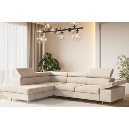 Narożnik ALEX z regulowanymi zagłówkami, lewostronny - Matt Velvet beżowy