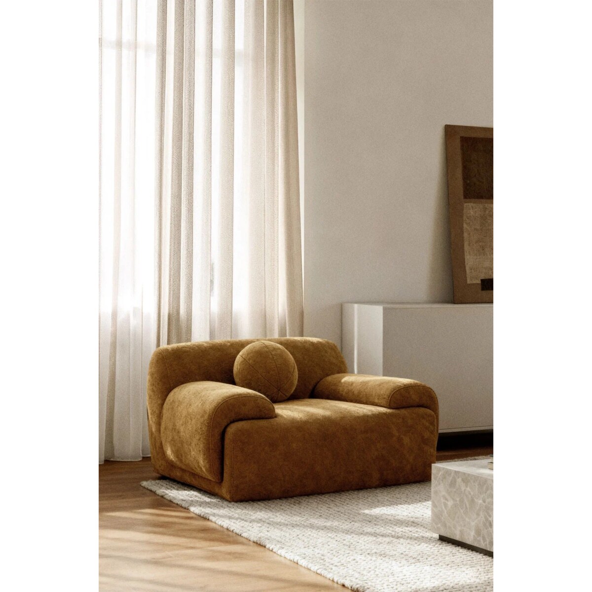 Fotel tapicerowany z poduszką Shirina, ciemny musztardowy