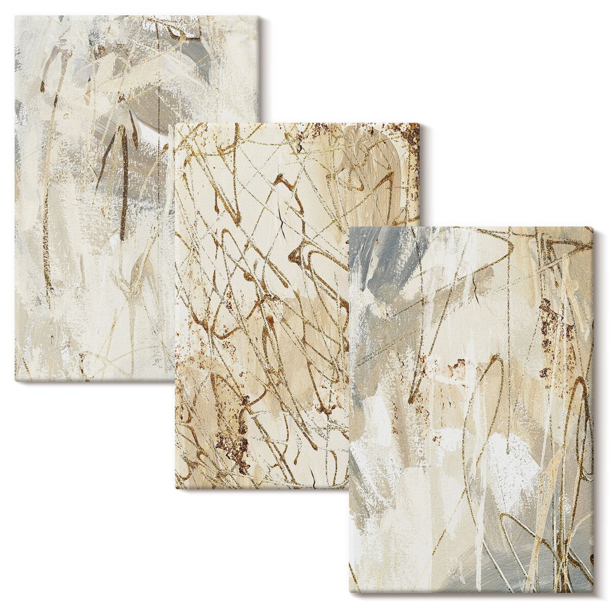 Zestaw 3 małych obrazów na płótnie - Abstrakcyjne wzory beż szarość - żółty