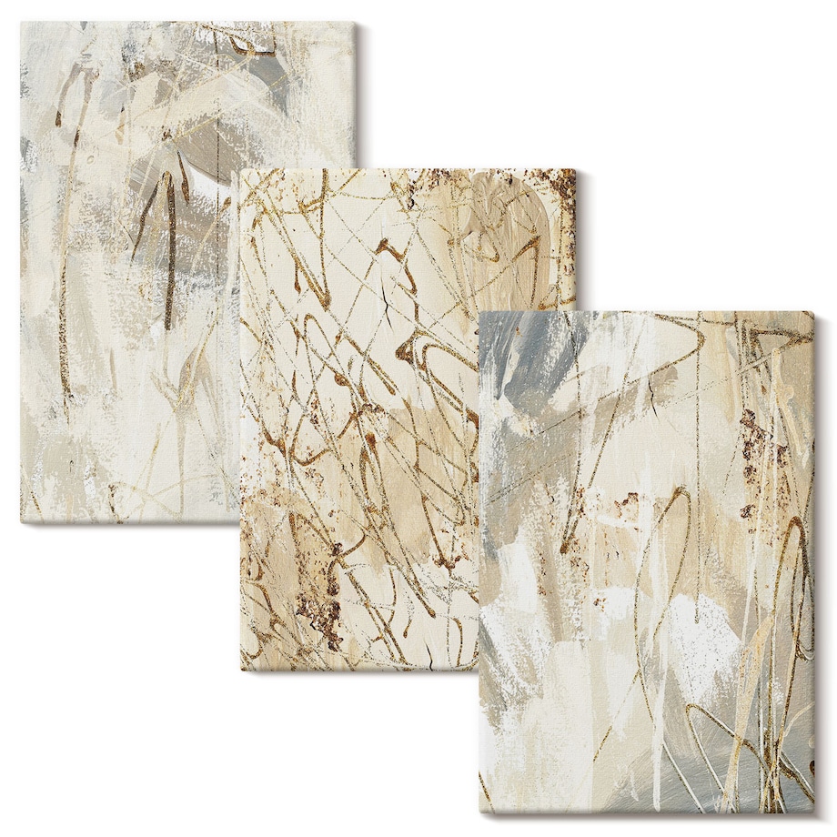 Zestaw 3 małych obrazów na płótnie - Abstrakcyjne wzory beż szarość - żółty