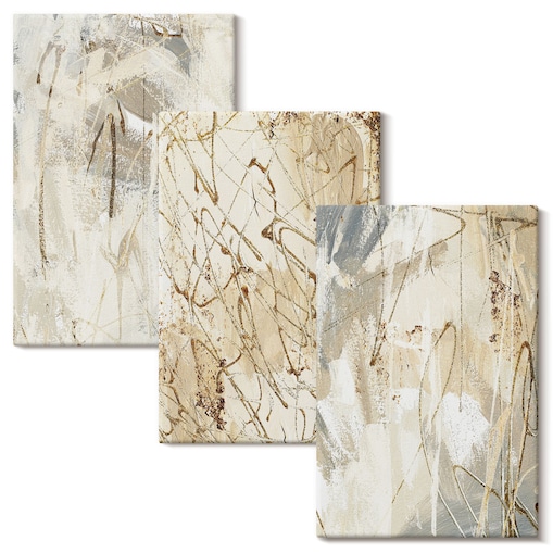 Zestaw 3 małych obrazów na płótnie - Abstrakcyjne wzory beż szarość - żółty