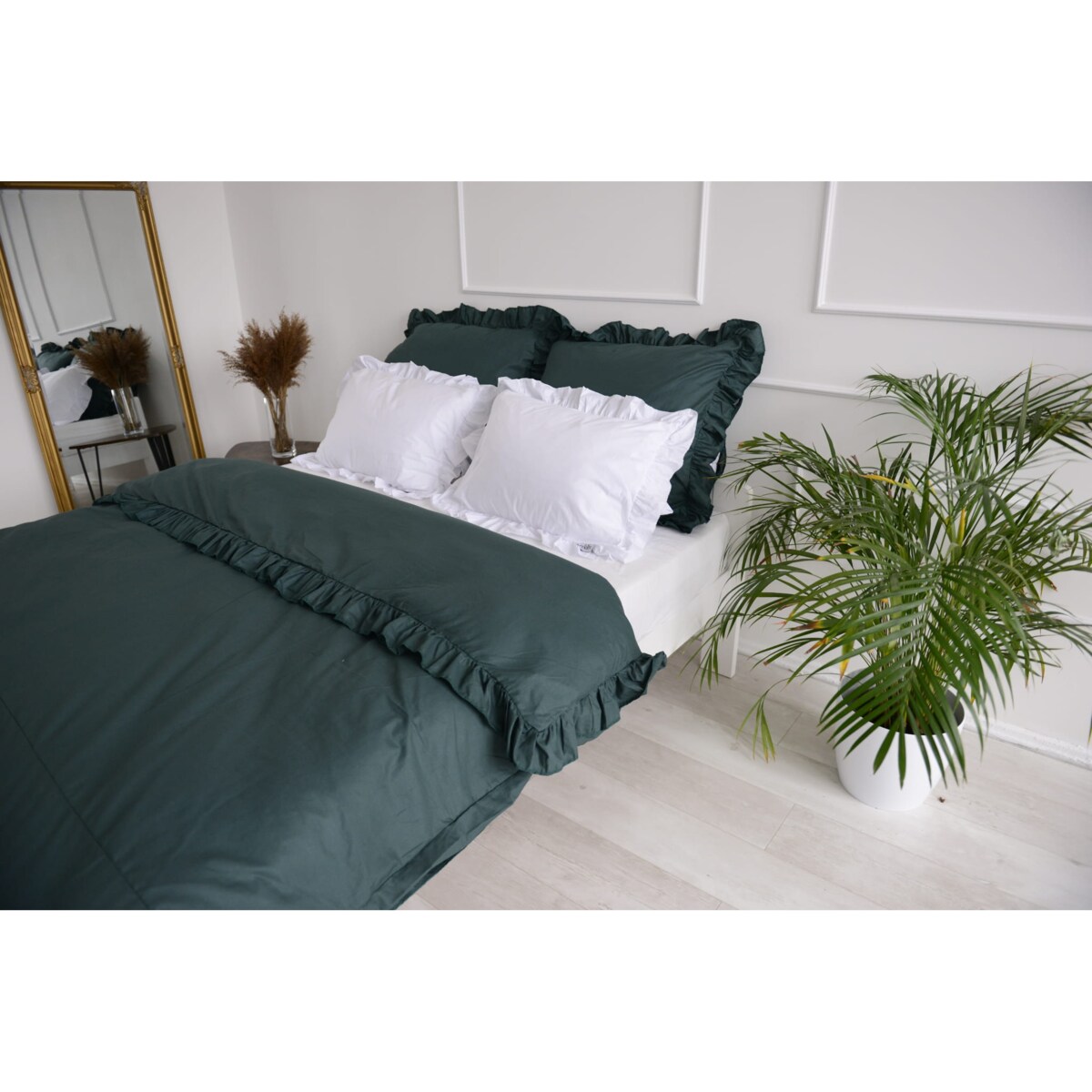 Pościel Bawełniana Z Falbanką Zestaw Komplet Do Sypialni Kołdra + 4 Poduszki 220X200 Butelkowa Zieleń Biel