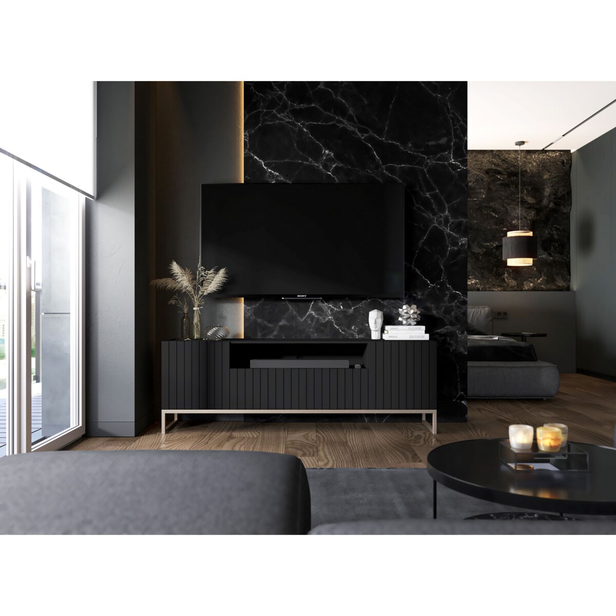 Szafka RTV Glamour Nowoczesna Komoda RTV Glamour Czarny Mat 150 cm