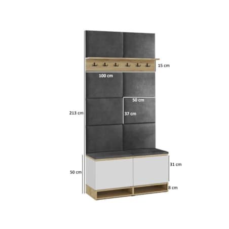 Szafka na buty z siedziskiem i wieszakiem DUBAI biała/dąb craft/szara