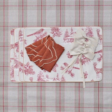 Dwustronne podkładki Toile de Jouy Red Forest & Glen Check – komplet 4 szt.