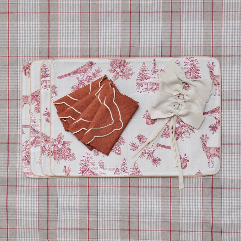 Dwustronne podkładki Toile de Jouy Red Forest & Glen Check – komplet 4 szt.