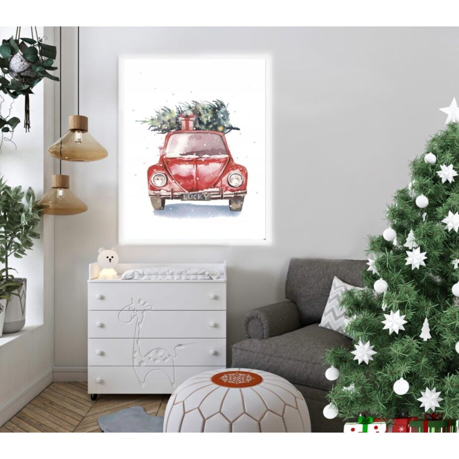 Poster Story, Plakat, Obraz - Czerwony Garbus z Choinką, wymiary 70 x 100 cm