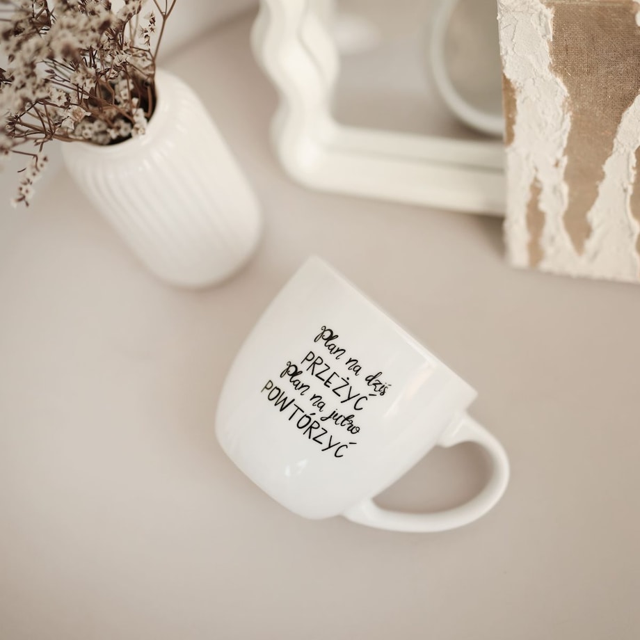 Kubek porcelanowy 300 ml „Plan na dziś PRZEŻYĆ, plan na jutro POWTÓRZYĆ" - śmieszny prezent do biura, dla kolegi, na sekretnego Mikołaja