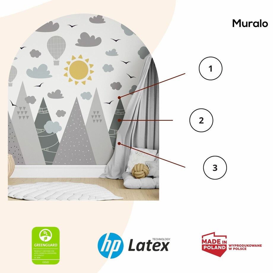 NAKLEJKI NA ŚCIANĘ DLA DZIECI SZARE GÓRY CHMURY BALONY STYL BOHO ZESTAW