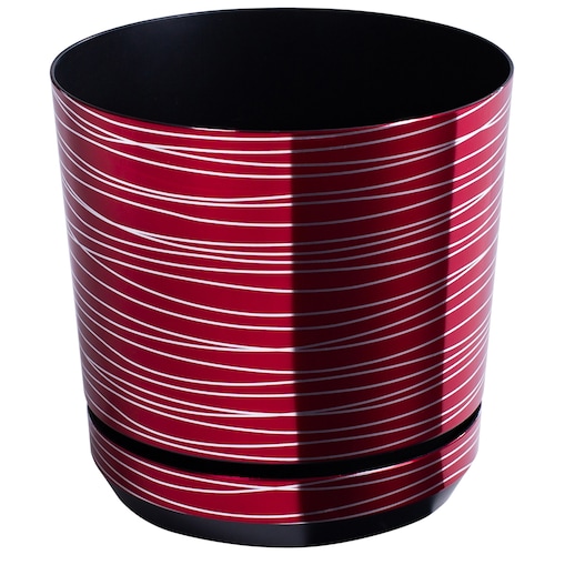 26 cm wzór WIŚNIOWA ZE SREBRNĄ NITKĄ Doniczka z podstawką bordowa glamour lustrzane srebrne paski połysk czerwona