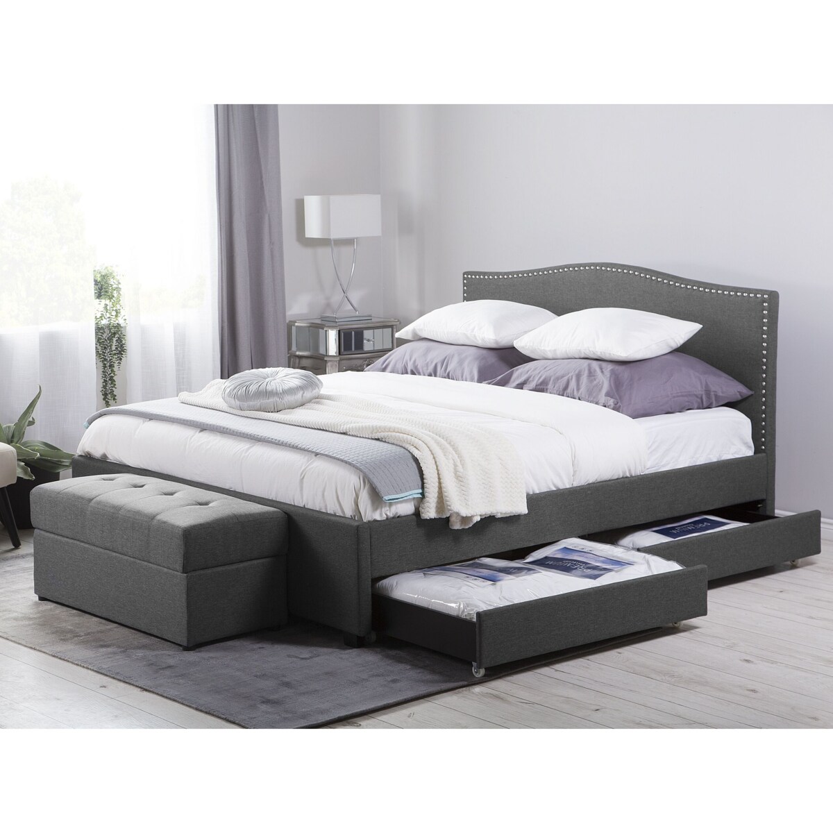 Łóżko z szufladami biały LED tapicerowane 160 x 200 cm szare MONTPELLIER