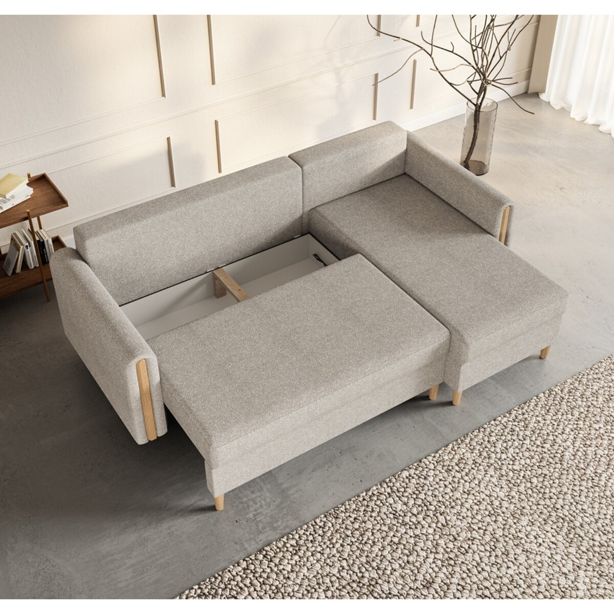 Narożnik GALOS prawostronny z funkcją spania- beżowy- drewno bukowe