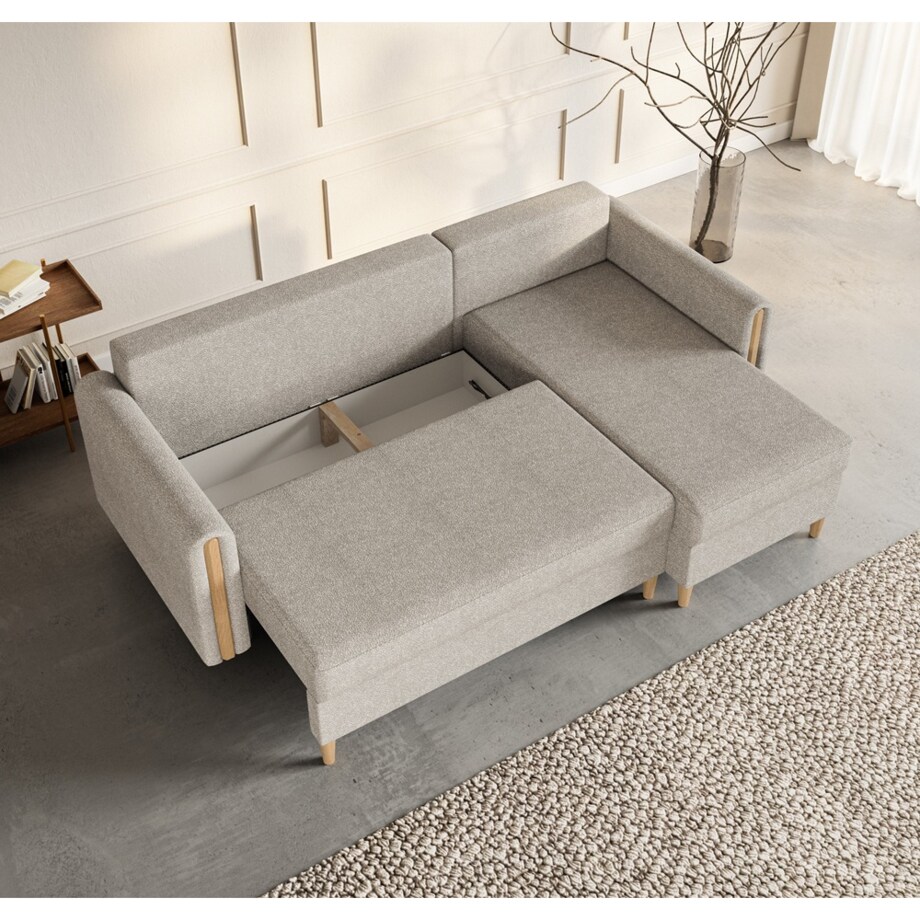 Narożnik GALOS prawostronny z funkcją spania- beżowy- drewno bukowe