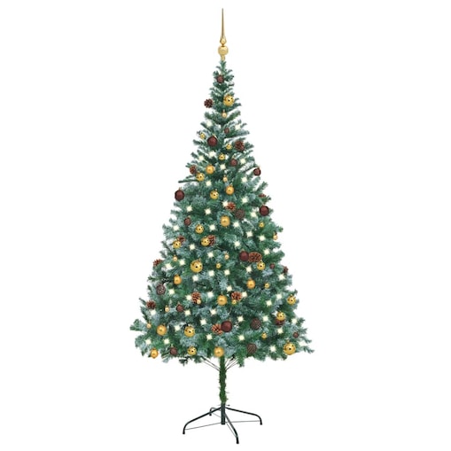 vidaXL Sztuczna choinka z lampkami, bombkami i szyszkami, 210 cm