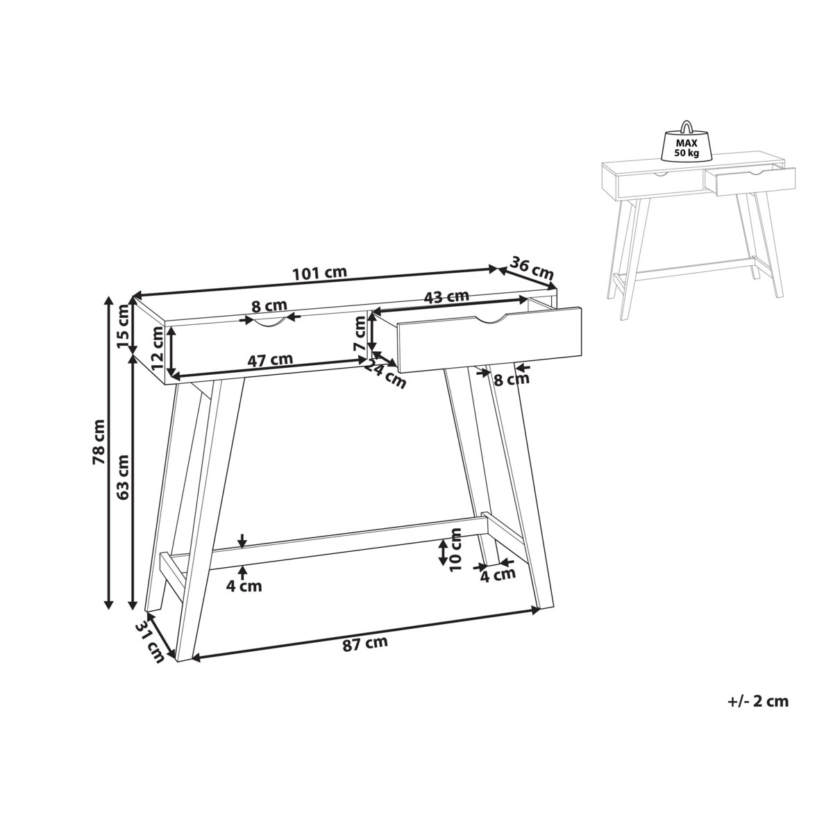 Konsola 2 szuflady biała z jasnym drewnem SULLY