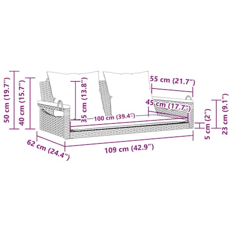 vidaXL Ławka bujana z poduszkami, szara, 109x62x40 cm, polirattan