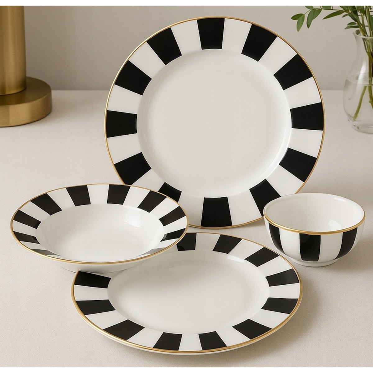 SERWIS OBIADOWY 6 osób W PASKI biało czarne talerze elegancki na prezent
