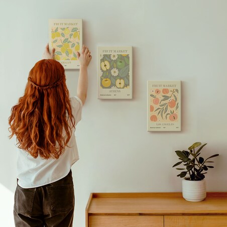 Zestaw 3 małych obrazów na płótnie - Owocowe wzory retro plakaty boho - żółty