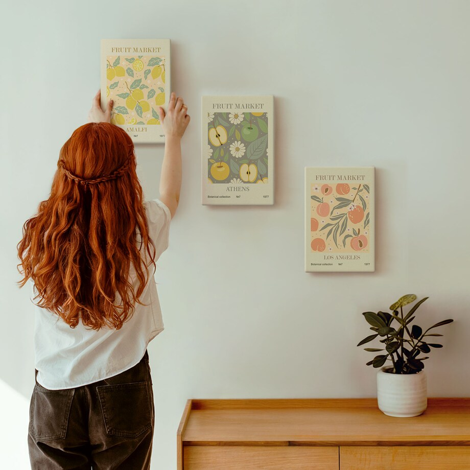 Zestaw 3 małych obrazów na płótnie - Owocowe wzory retro plakaty boho - żółty