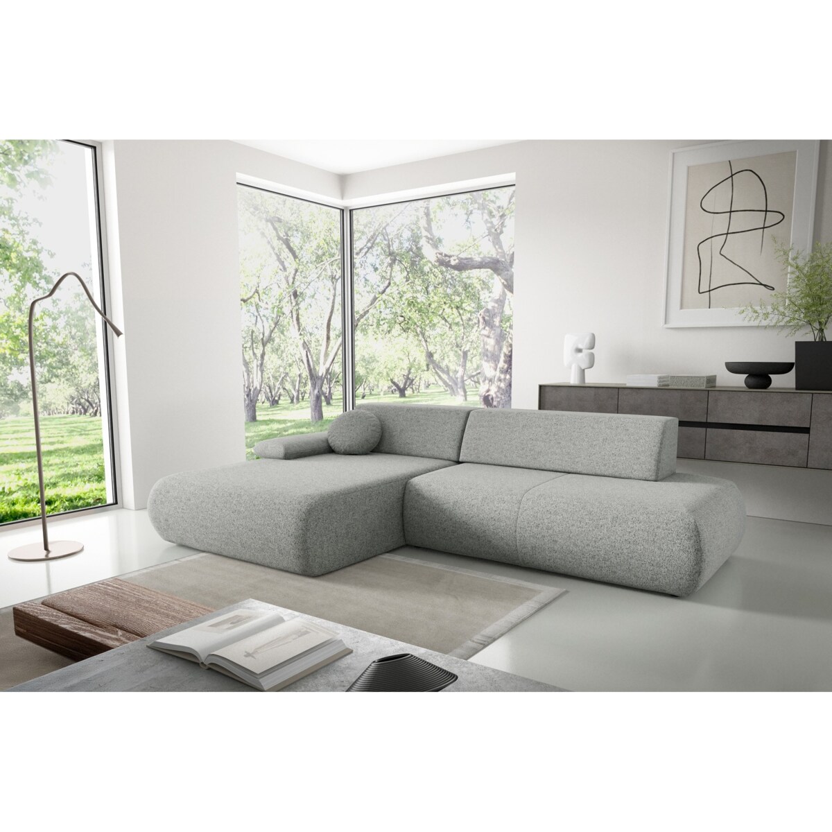 Narożnik rozkładany PENTI z pojemnikiem na pościel, lewy, szary