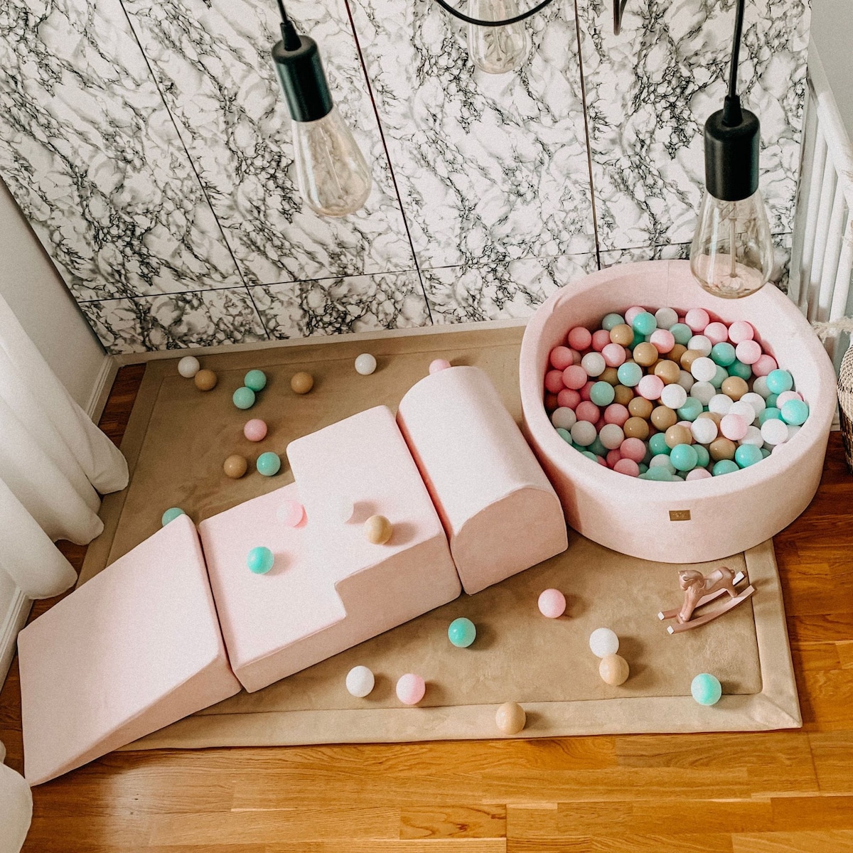 Piankowy Plac Zabaw z Basenem 230x45cm/bez Piłek dla Dziecka, Velvet, Pudroworóżowy