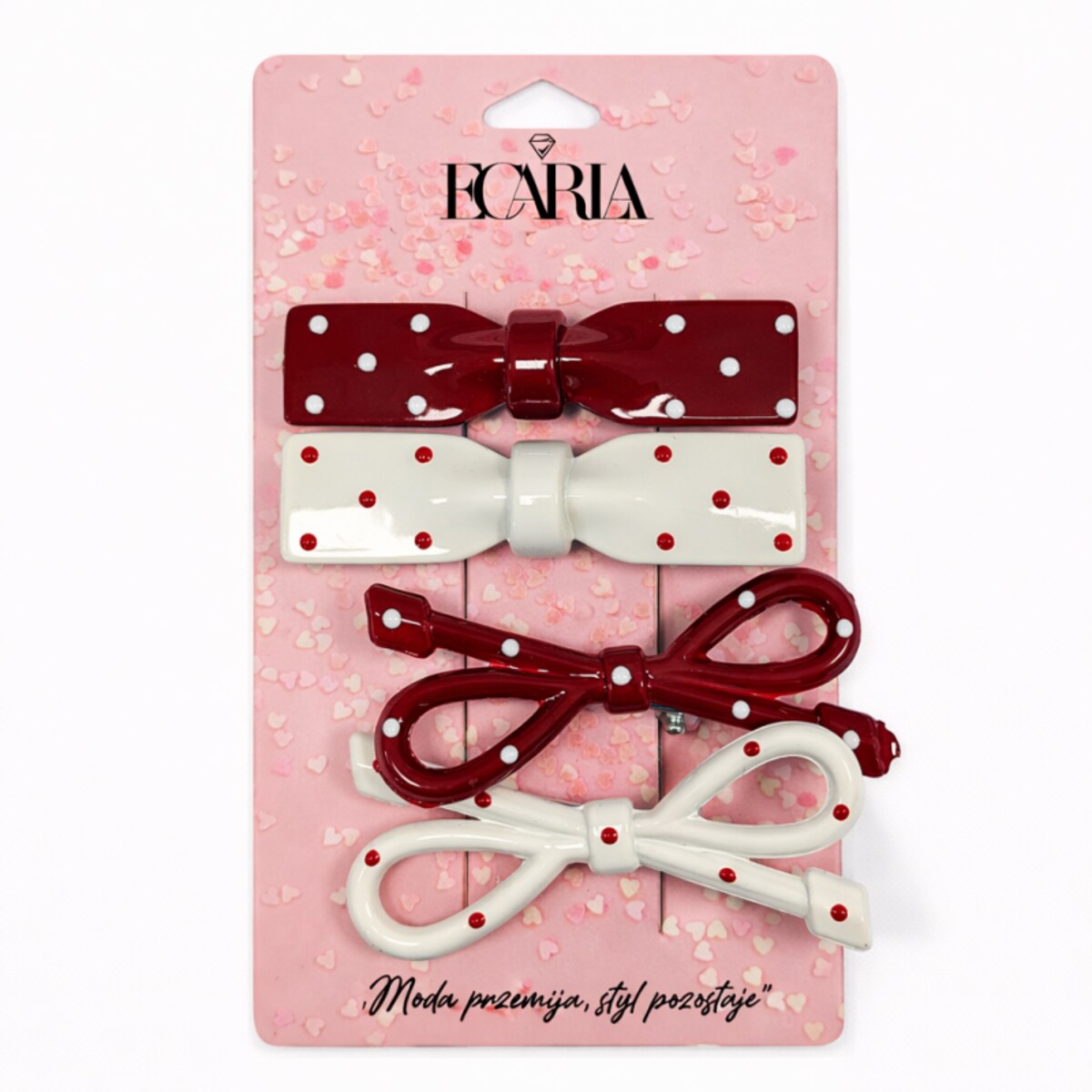 Zestaw pakiet 4w1 spinek wsuwek do włosów, KOKARDY czerwone białe kropki PINK SP452