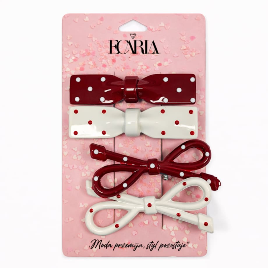 Zestaw pakiet 4w1 spinek wsuwek do włosów, KOKARDY czerwone białe kropki PINK SP452