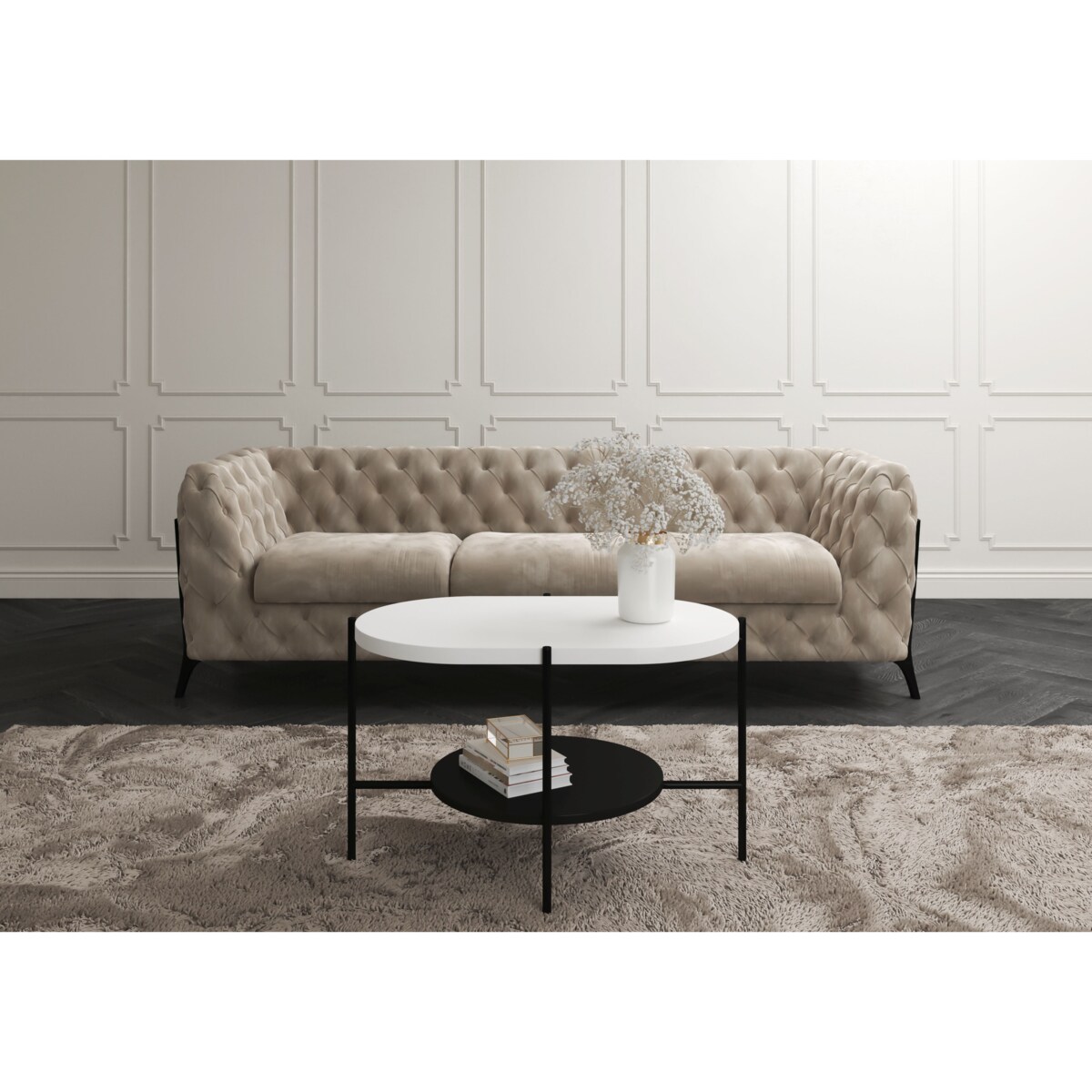 Nowoczesny stolik kawowy Dancan ARENA / czarna podstawa + biały i czarny blat