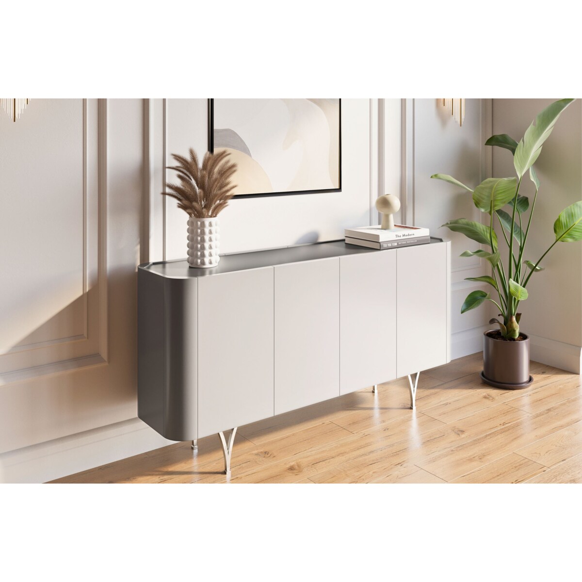 Nowoczesna szara komoda Dancan MONZA ze srebrnymi nóżkami / szer. 160 cm