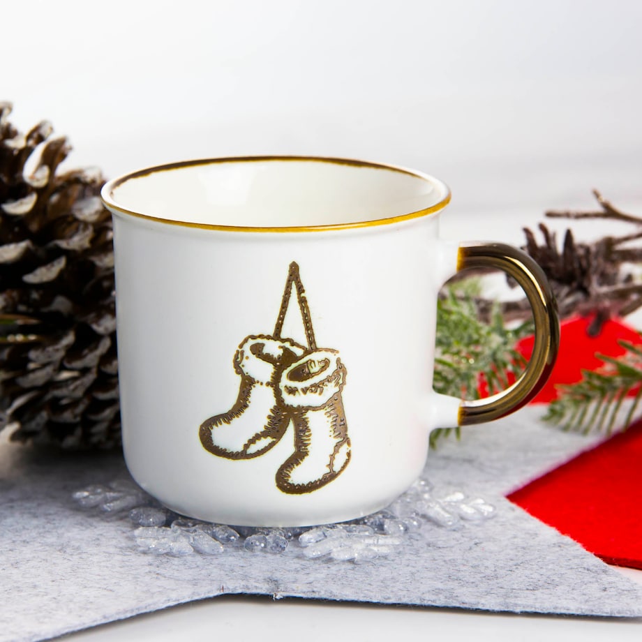 Kubek Porcelanowy Świąteczny Boże Narodzenie 400 Ml Biało-Złoty Skarpety