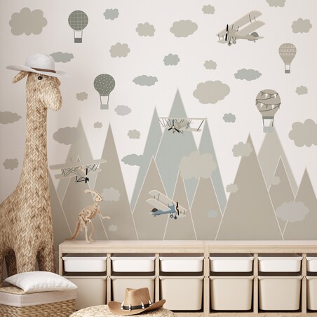 NAKLEJKI ŚCIENNE DLA DZIECI BEŻOWE GÓRY SAMOLOTY BALONY RETRO ZESTAW