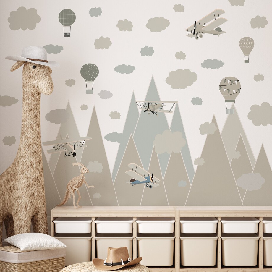 NAKLEJKI ŚCIENNE DLA DZIECI BEŻOWE GÓRY SAMOLOTY BALONY RETRO ZESTAW