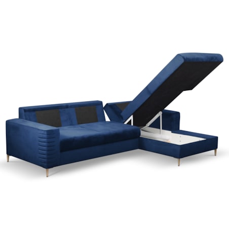 Narożnik rozkładany z zagłówkiem i pojemnikiem OLI, prawostronny, granatowy