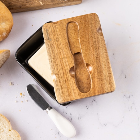 Porcelanowa maselniczka czarna maselnica z nożykiem do masła pokrywka akacjowa KLAUSBERG