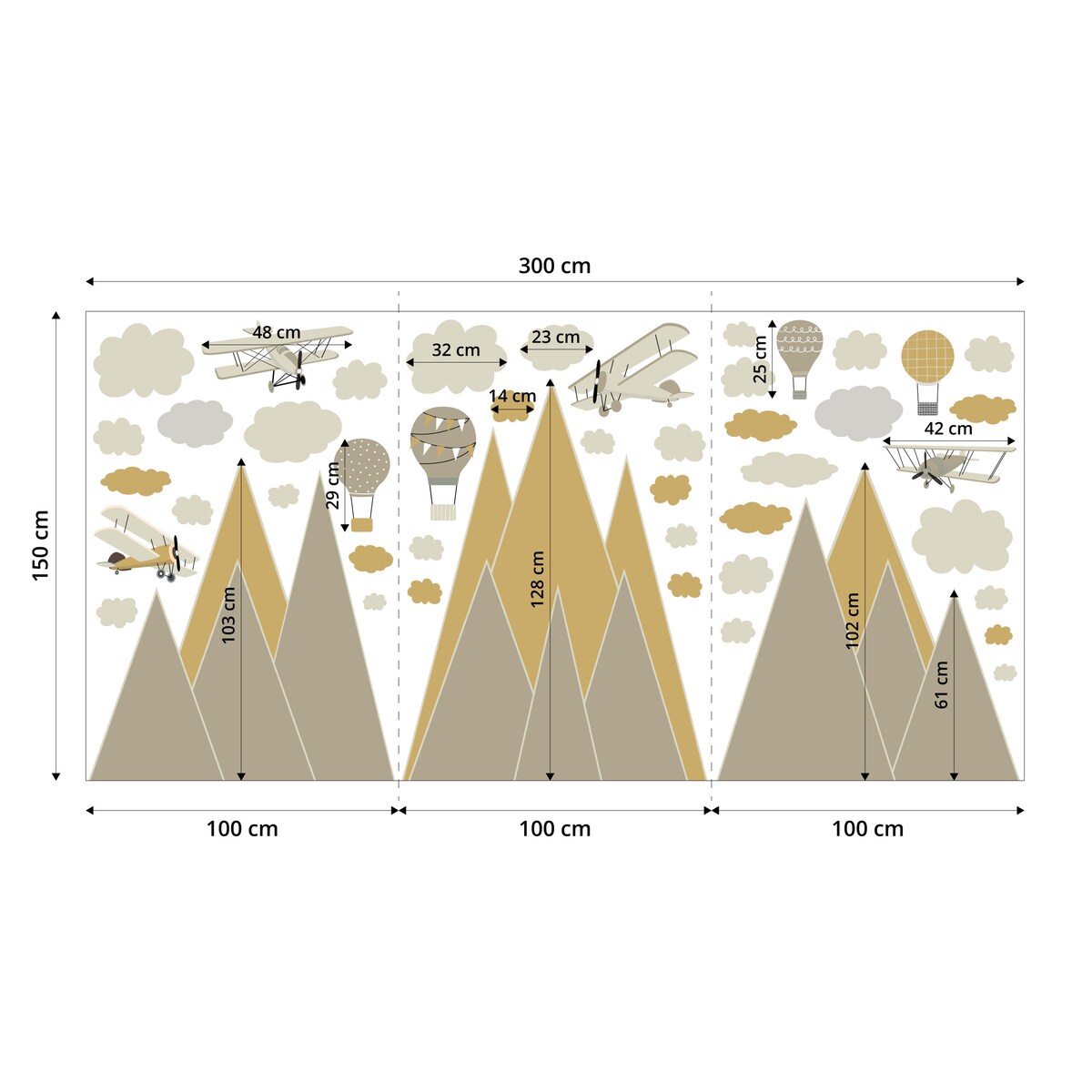 NAKLEJKI NA ŚCIANĘ DLA DZIECI BRĄZOWE GÓRY BALONY SAMOLOTY VINTAGE ZESTAW