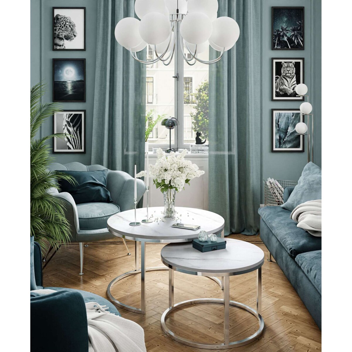 Okrągły stolik kawowy CIRI 2w1 chrom marmur levanto