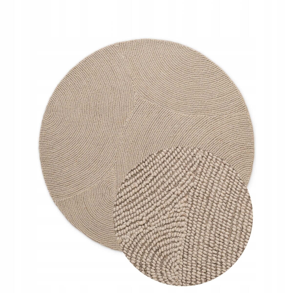 Dywan okrągły wełniany do salonu 120cm, beżowy wzór w półkola, efekt 3d