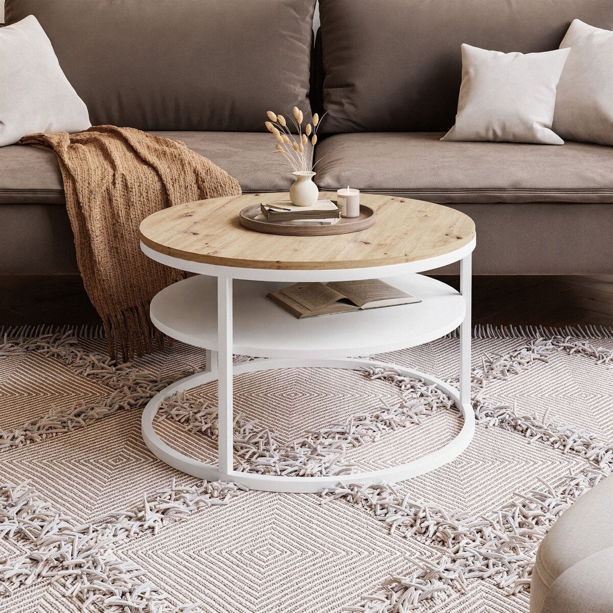 Stolik kawowy CIRI SLIM z półką biały dąb artisan