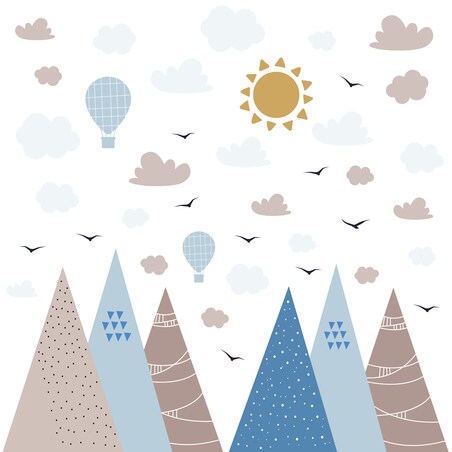 NAKLEJKI NA ŚCIANĘ DLA DZIECI GÓRY STYL BOHO BALONY PTAKI CHMURY ZESTAW