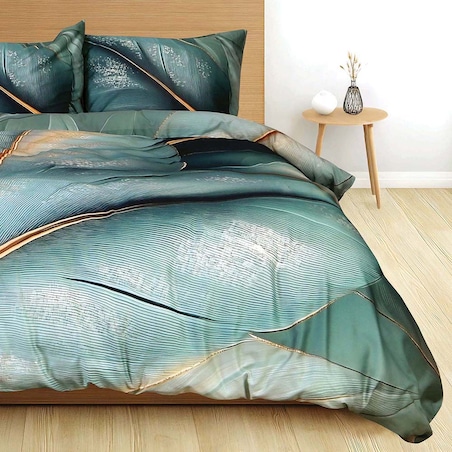 Pościel satyna bawełniana 140x200 Selvado zielona w liście i złote akcenty, Satynlove Premium