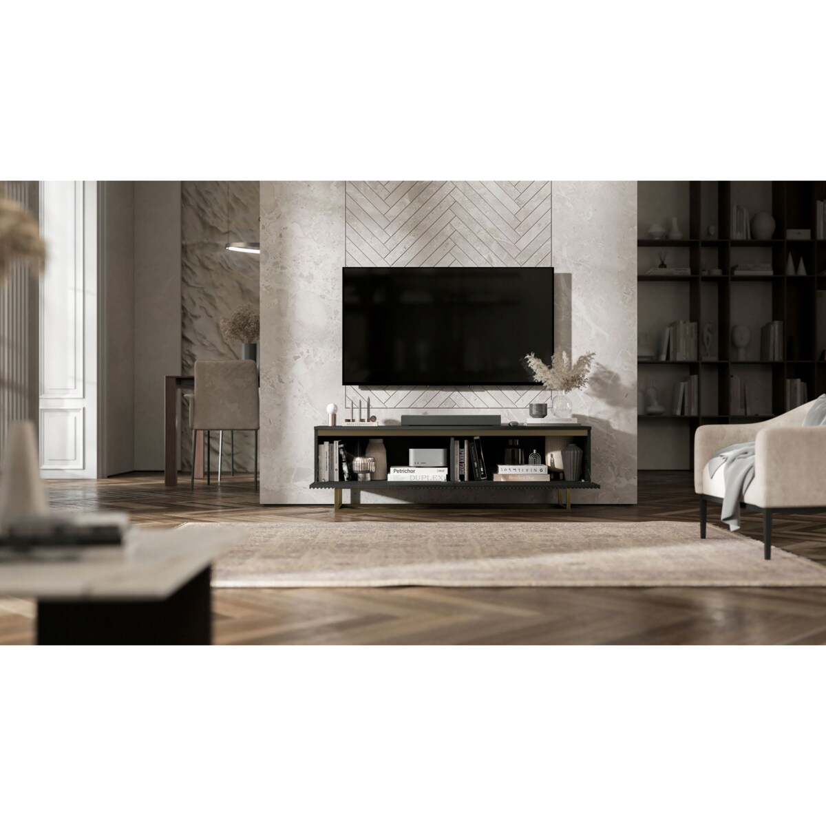 Nowoczesna Szafka RTV Glamour Komoda RTV Czarny Mat 140 cm złote akcenty