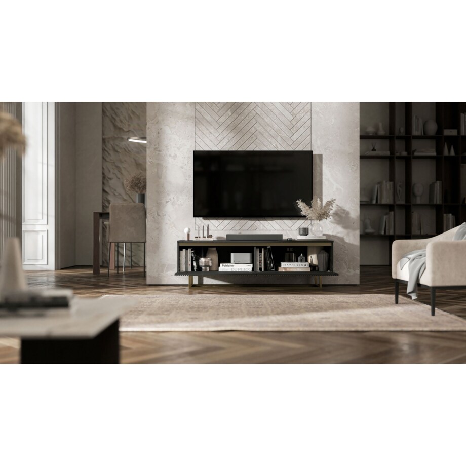 Nowoczesna Szafka RTV Glamour Komoda RTV Czarny Mat 140 cm złote akcenty