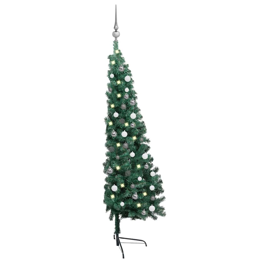 vidaXL Choinka z lampkami i bombkami, połówka, zielona, 210 cm