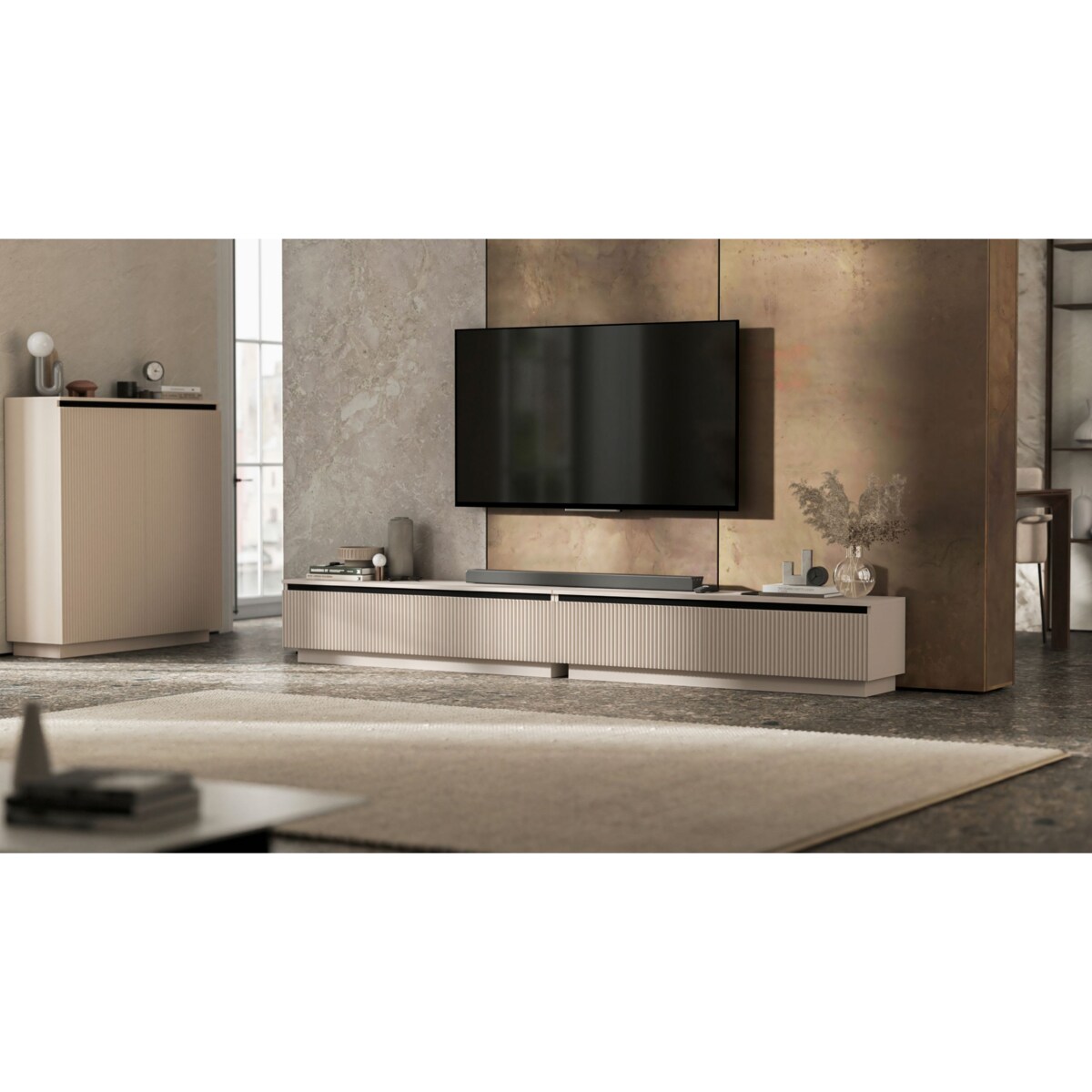 Nowoczesna Szafka RTV Glamour Komoda RTV Kaszmir Mat 280 cm ryflowane fronty