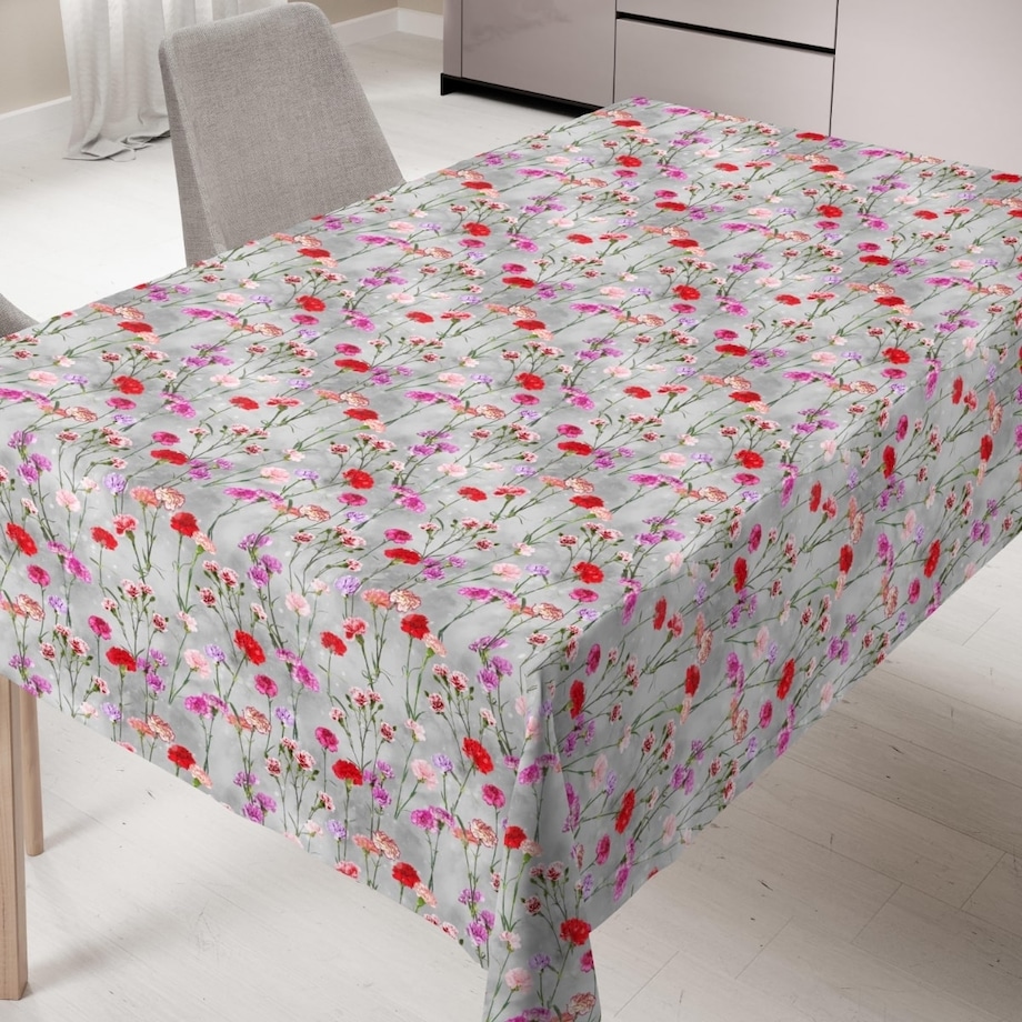 Obrus plamoodporny Minos Goździki szary - 120x160 cm - wielokolorowy