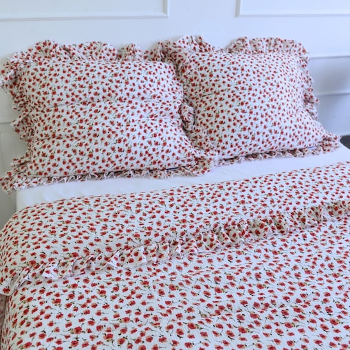 Pościel muślinowa z falbanką maki 220x200 + 2x50x60