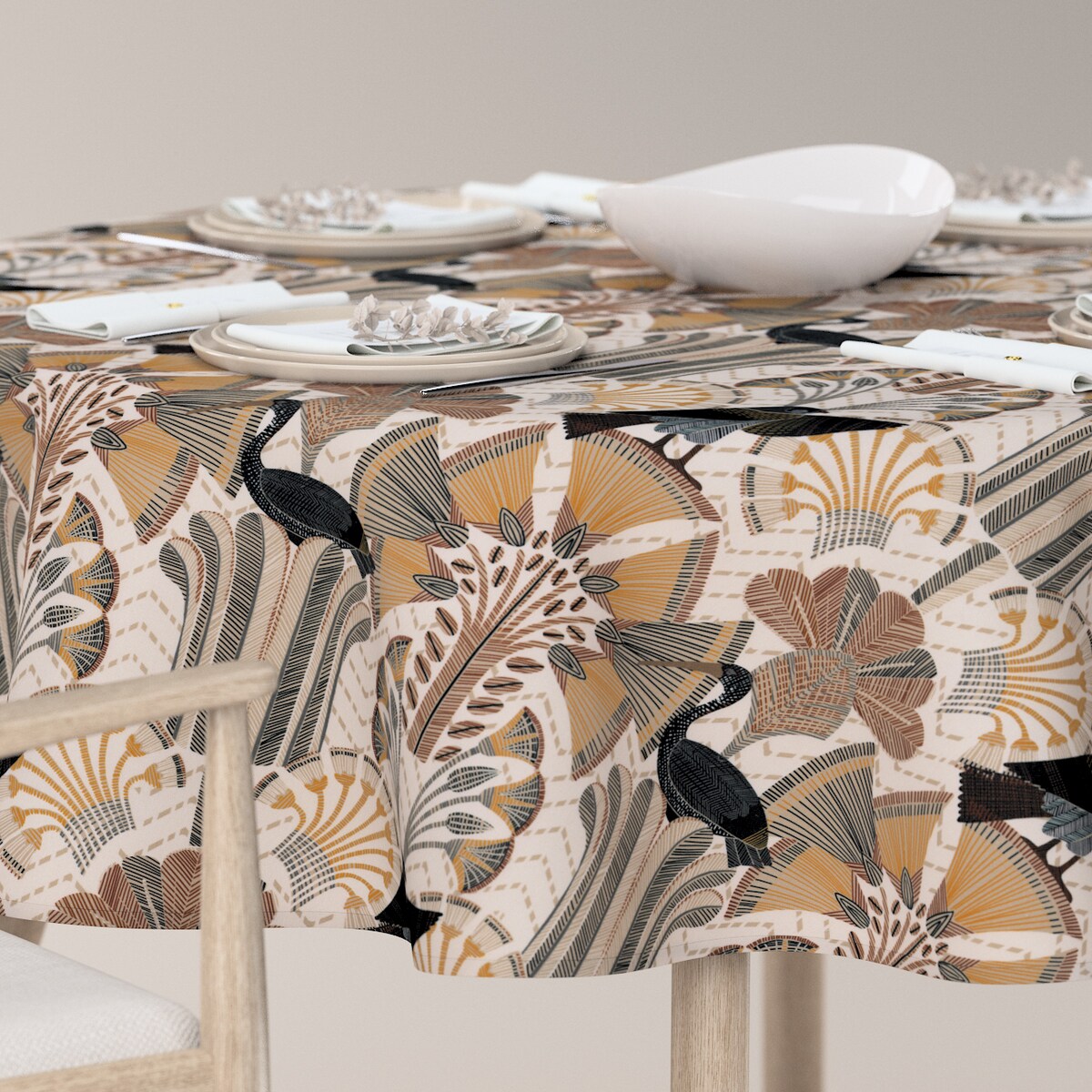 Obrus okrągły 130 x 130 cm abstrakcyjny beżowo-brązowy wzór