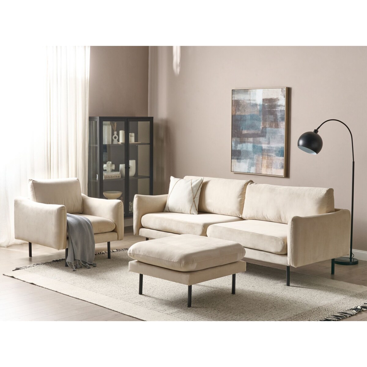 Zestaw wypoczynkowy z otomaną welurowy jasnobeżowy VINTERBRO